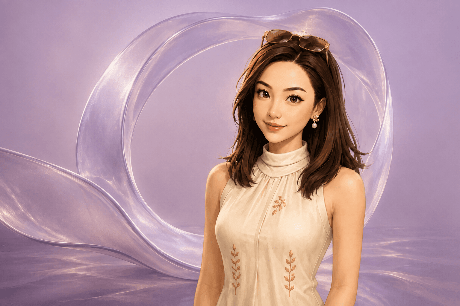 一勾的 AI 插画形象,身着米白上衣,身后是淡紫色的通透圆环